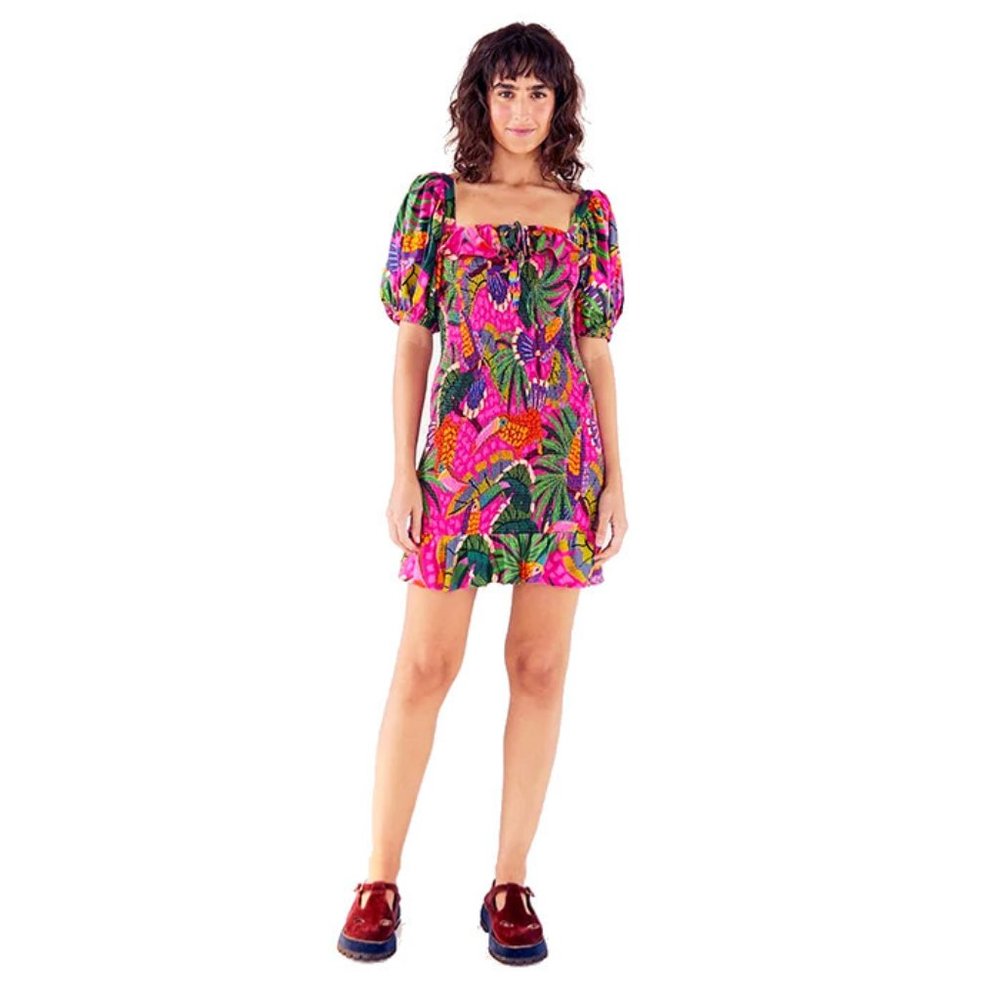 NWT Farm Rio Pink Painted Toucans Smocked Mini Dress w/Puff Sleeves, Square Neck - Picture 2 of 6